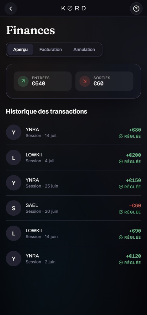 Écran Finances : entrées, sorties et historique des transactions